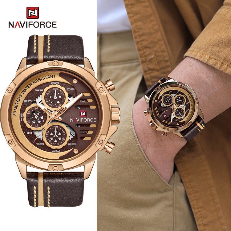 Naviforce marca de relógio masculino luxo superior vermelho esporte à prova dmilitary água militar relógio pulso couro quartzo masculino relogio masculino 9110