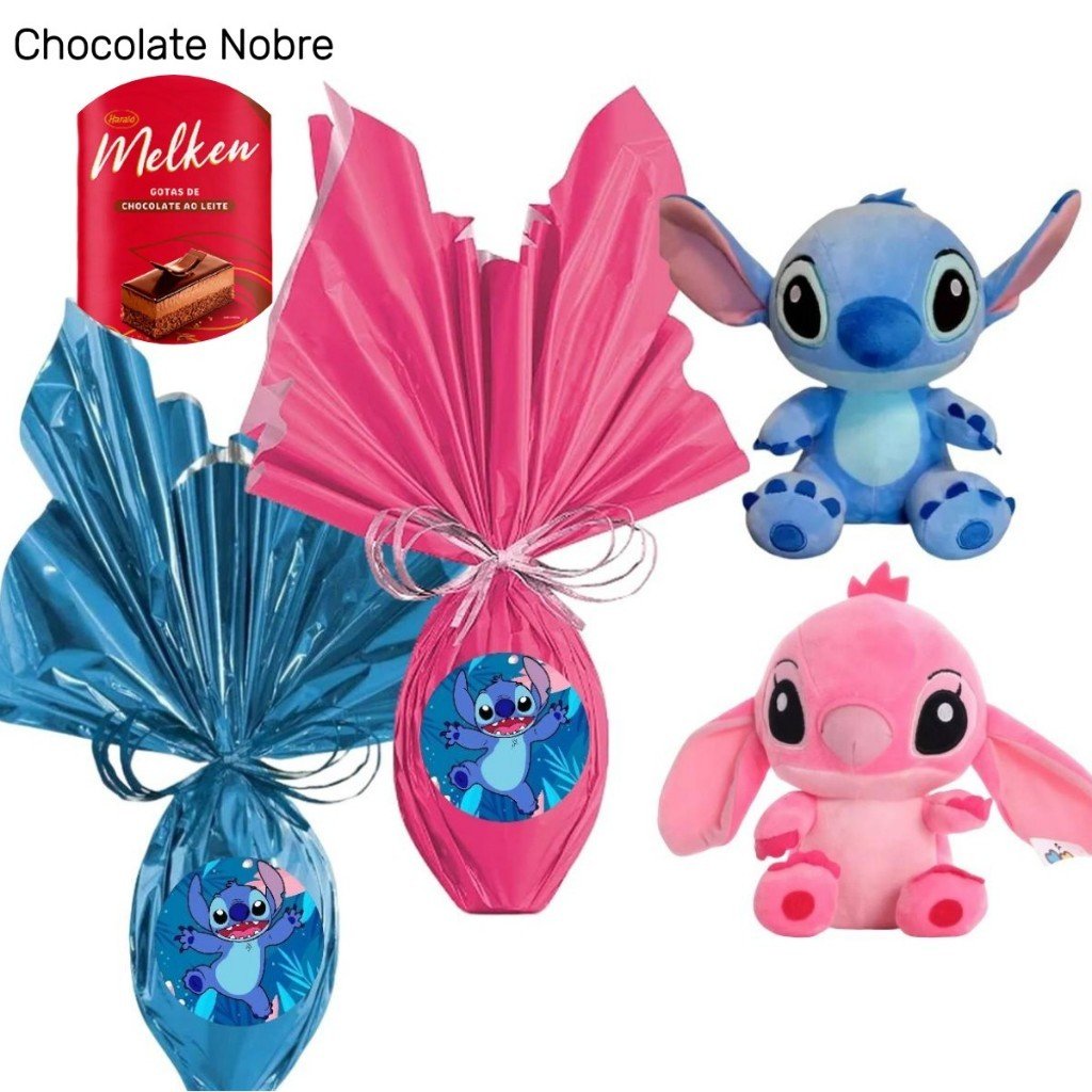 Kit Ovo De Páscoa 250g Pelucia Lilo Stitch 25cm ENVIADO NO ISOPOR - NÂO DERRETE Ovo com Brinquedo Chocolate Nobre