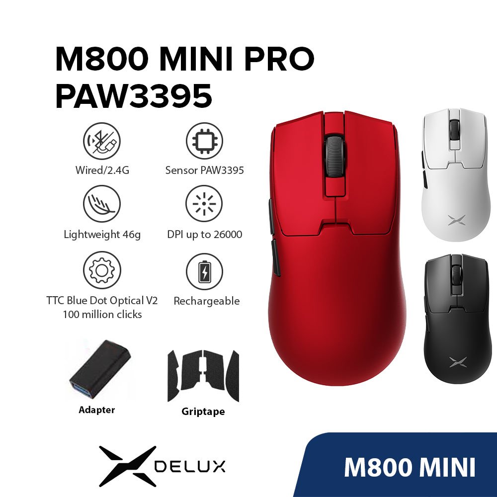 Delux M800 MINI Series PAW3395 Mouse Para Jogos DPI MAX 26000 Com Fio 2.4G Sem Recarregável 42g TTC Switch PC/Laptop/Win