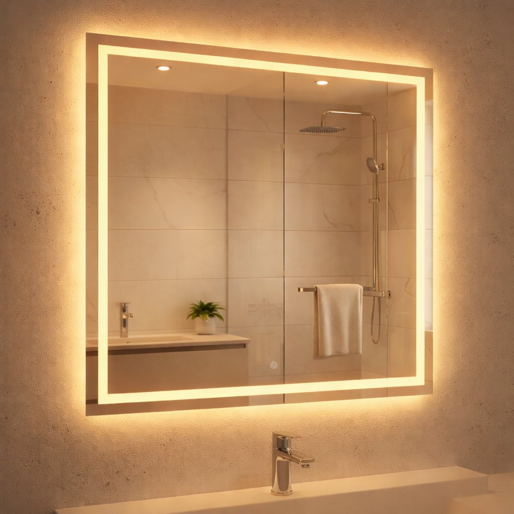 Espelho Quadrado 40x40 Jateado Fino LED 3 Cores Touch Banheiro Lavabo Quarto Luxo