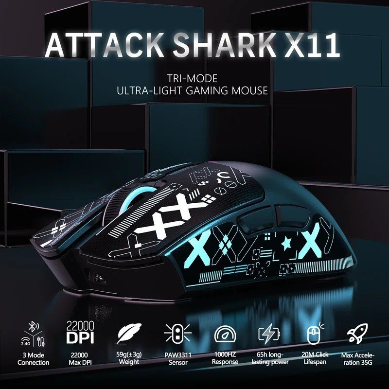 Mouse Para Jogos Tri-Mode ATTACK SHARK X11-Sensor PAW3311 De 22000 DPI 59g Base De Carregamento Magnética RGB Ultraleve