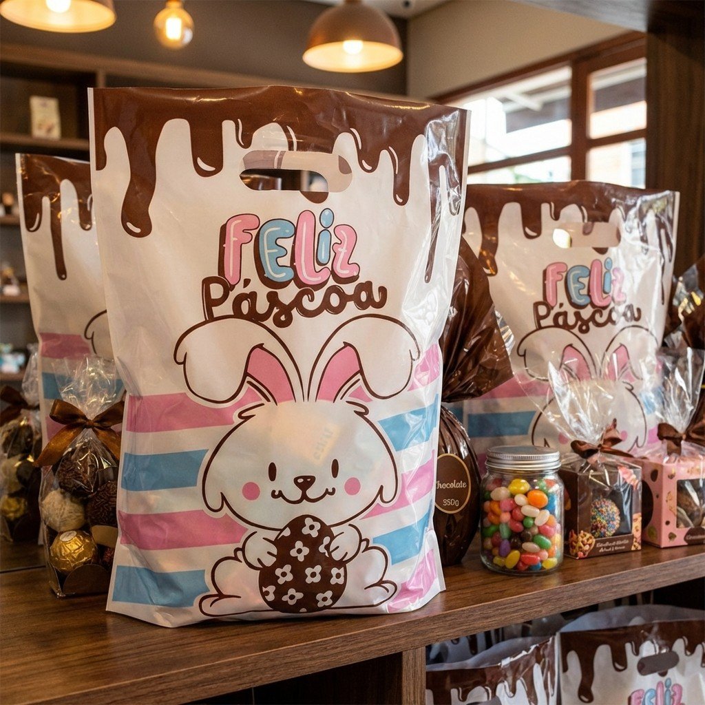 Kit 50 Sacolas Páscoa 30x40 Alça Vazada Confeitaria