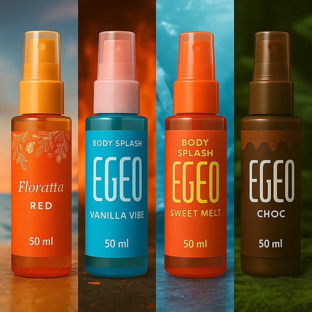 Kit 4 Body Splash Egeo Fragancias refrescantes Vanilla Vibe e Egeo Melancia + Floratta Red (60 ml cada)