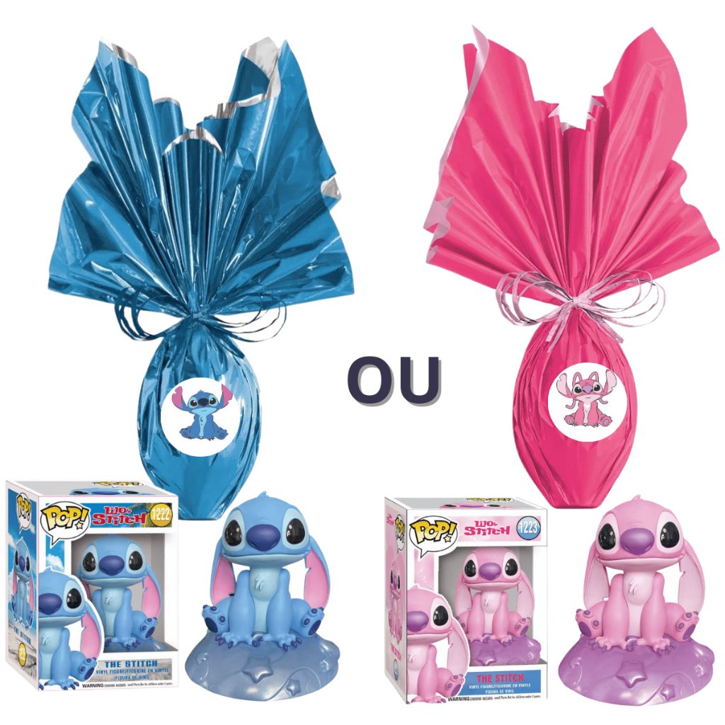 Kit Ovo de Páscoa 250g Boneco Lilo Stitch Angel Chocolate ao Leite Rosa e Azul