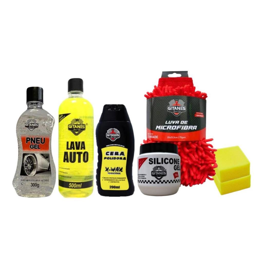 Kit Limpeza Automotiva- Lava Auto, Gel para Pneu, Cera Polidora e Silicone em Gel
