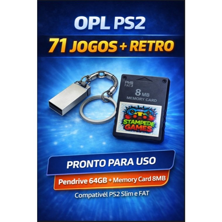 Kit OPL PS2 Completo Pendrive 64GB + Memory Card 8MB Pronto Para Uso | Plug and Play | Slim e FAT
