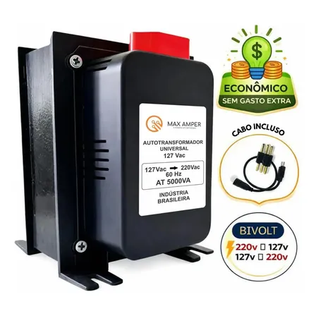 Transformador 5000va 110-220 Ou 220-110 Conversor Bivolt 12000 Btus C/ N F Geladeira Ar Condicionado Impressoras Brother Microondas Máquina Costura Lavar Roupas Preto