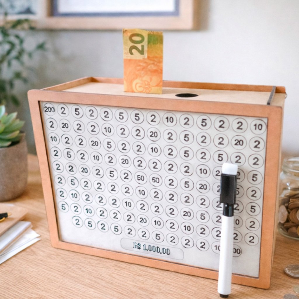 Cofre MDF Desafio 10 Mil 5 Mil 1 Mil Personalizado Com Caneta Caixa De Dinheiro Decorativa Organizadora Metas Financeira