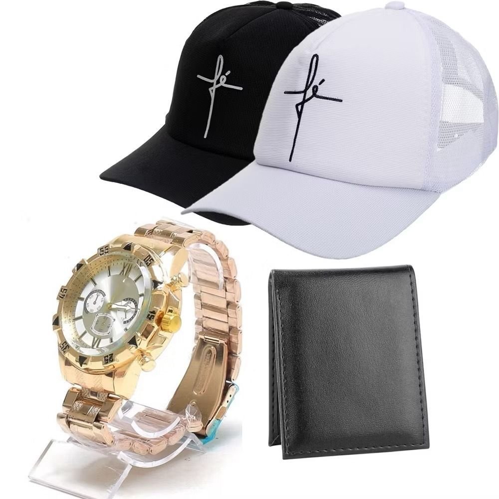 Kit Masculino Presente Relogio luxo aço dourado + bone grife + carteira de couro