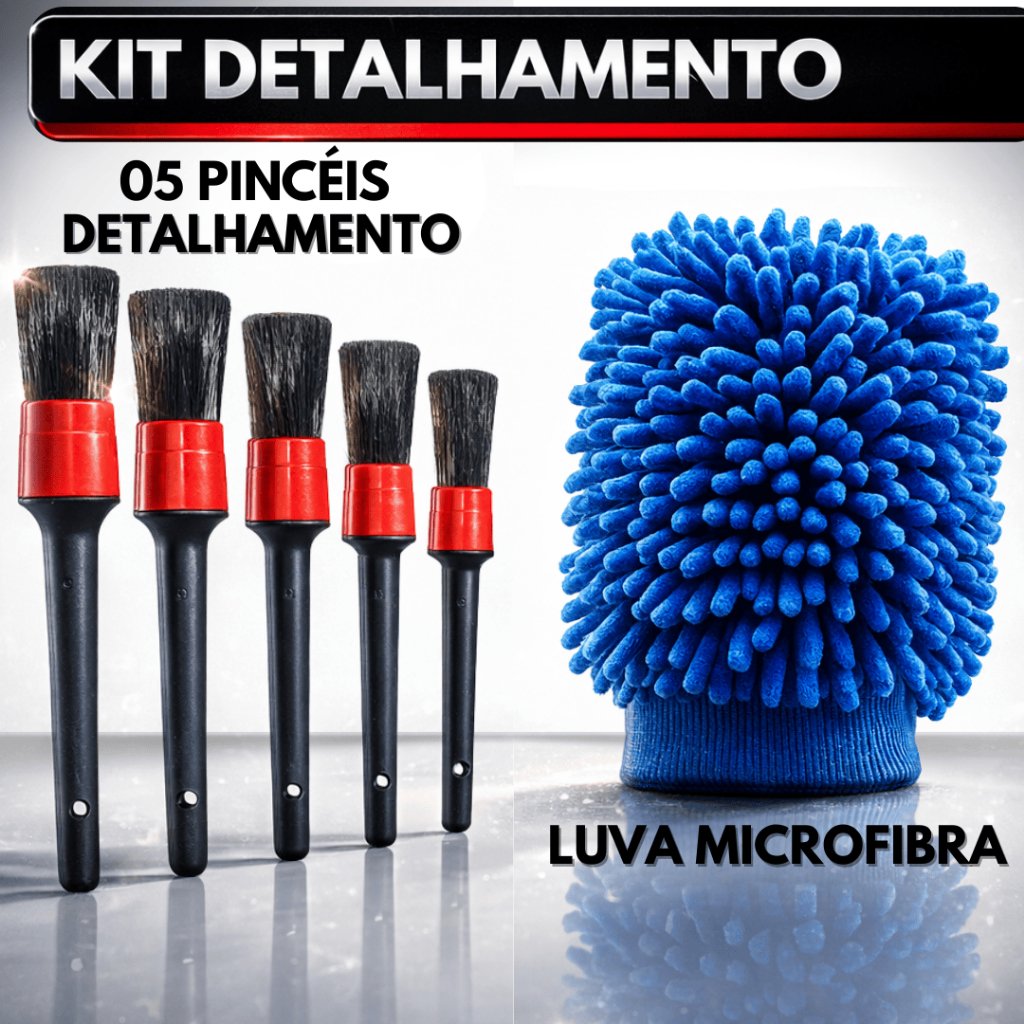 Kit 5 Pincel Automotivo Detalhamento Luva Microfibra Limpeza Interno e Externo Lavar Carro Moto