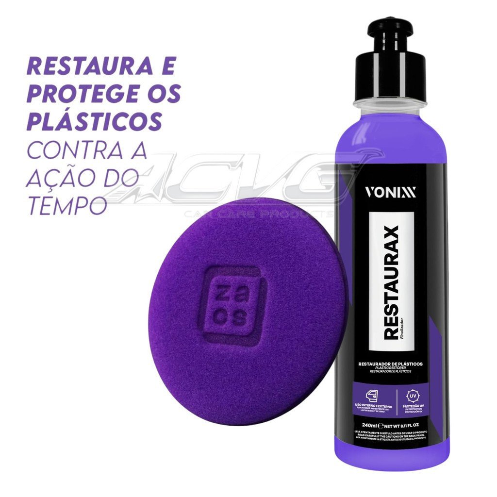 KIT Restaurax 240ml Vonixx e Aplicador de espuma zacs Restaurador e Revitalizador de Plásticos Internos e Externos