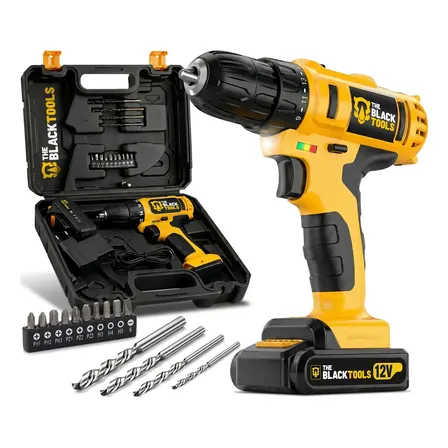 Parafusadeira E Furadeira Sem Fio Bateria 3/8 10mm Com Maleta E Acessorios The Black Tools Amarelo/preto 127/220v 50hz / 60hz