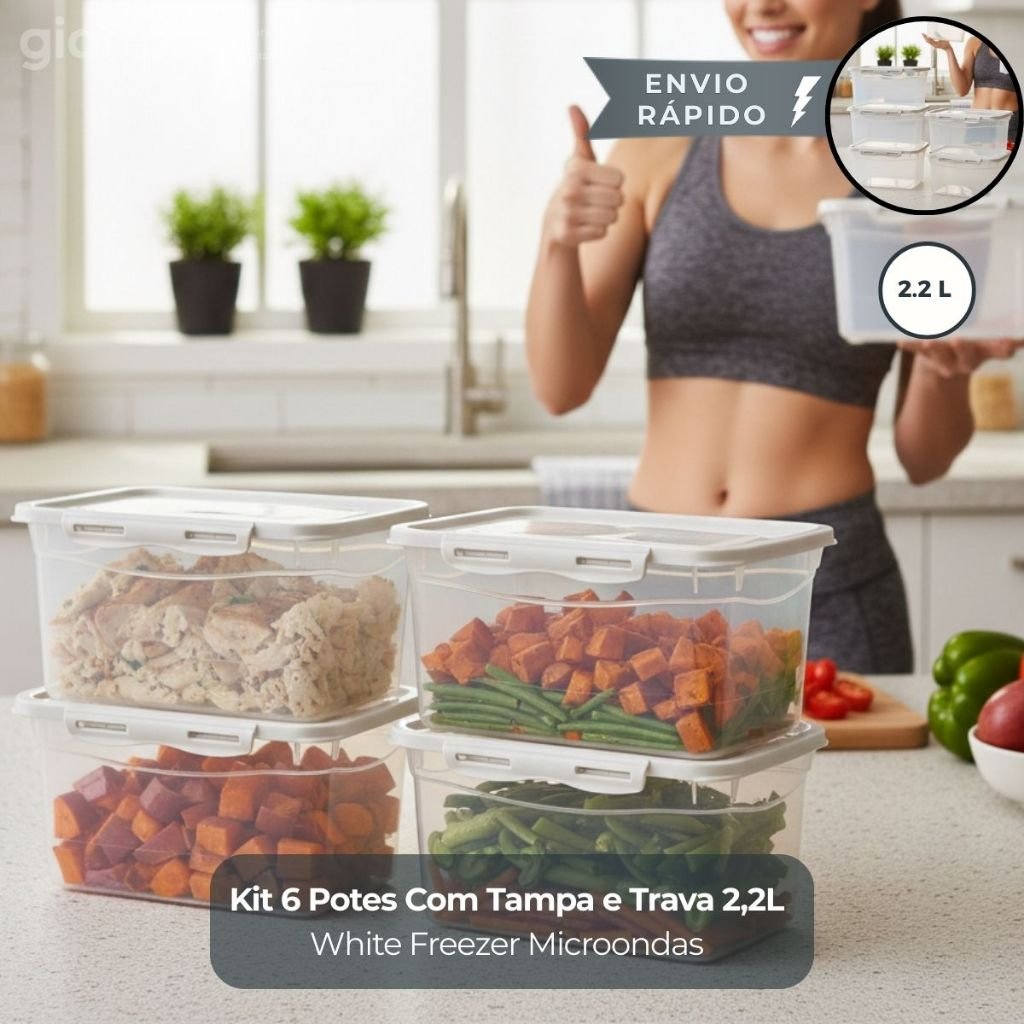 Kit 6 Potes Com Tampa e Trava 2,2L Alto Off White Freezer E Microondas Marmitas Fitness Giotto