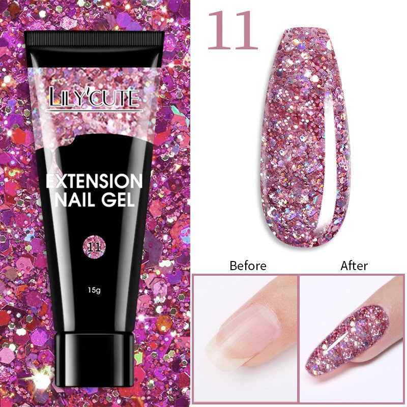 LILYCUTE 15ml Glitter Acrílico Gel Extensão Do Dedo Prata Rosa Prego Embeber Fora Verniz Da Arte