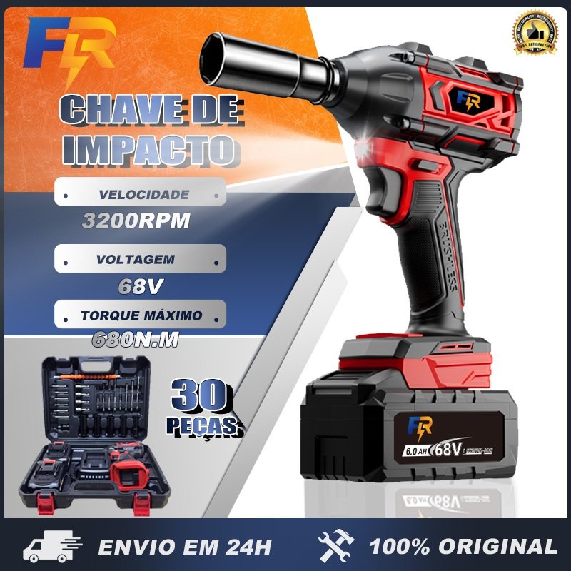 Chave de Impacto Elétrica 68V Profissional sem Fio Com Baterias Brushless - Kit 30 Peças