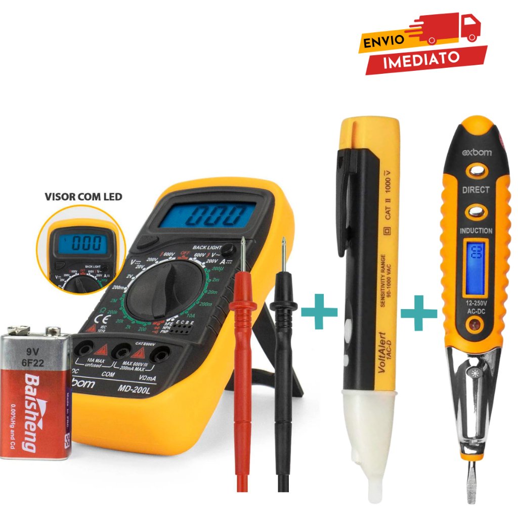 Kit 3 em 1 Caneta Detectora tensão + Chave Teste de Voltagem Corrente + Multímetro Profissional