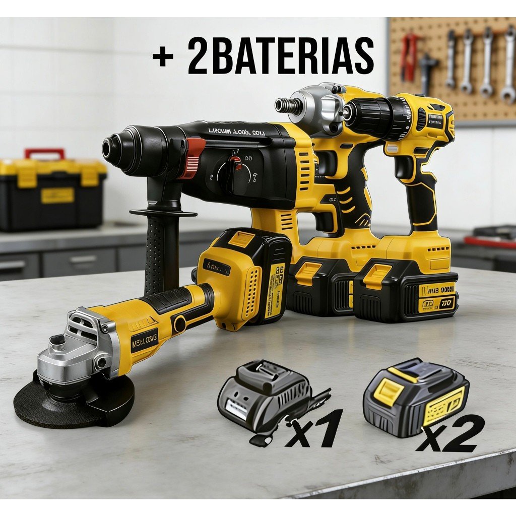 Kit de ferramentas  4 em 1 de 48V: furadeira, chave de impacto, esmerilhadeira angular, parafusadeira +2 Bateria