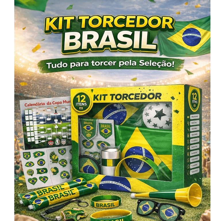 Kit Torcedor Brasil 12 Itens Copa 2026  Festa Futebol Adesivo Corneta Bandeira Oculos Brasil